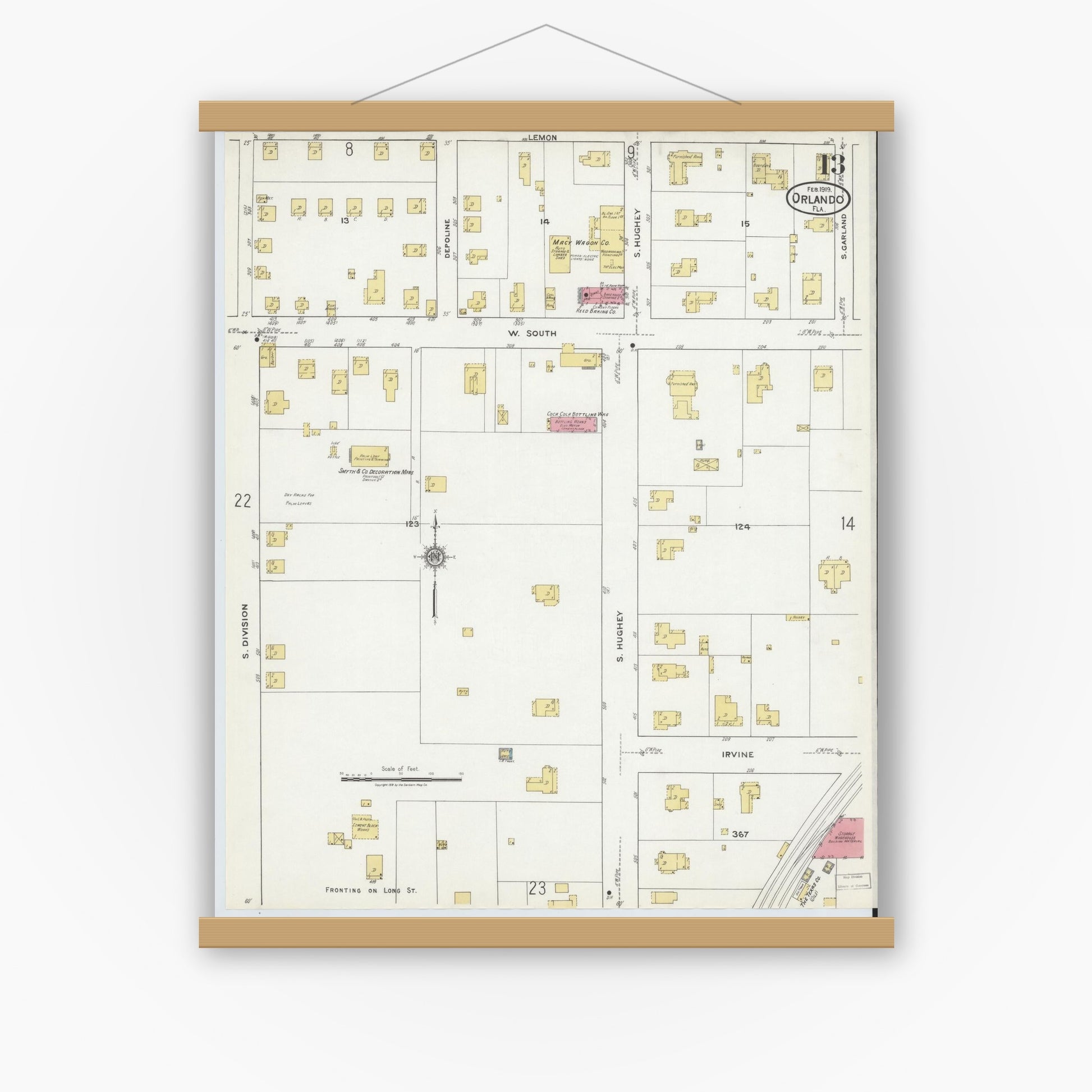 Old map wall art mockup — magnetic wood frame on white wall — Sanborn Fire Insurance Map from Orlando, Orange County, Florida (1919), Sheet #0013