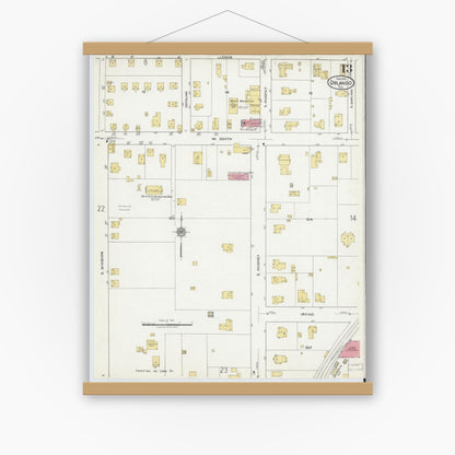 Old map wall art mockup — magnetic wood frame on white wall — Sanborn Fire Insurance Map from Orlando, Orange County, Florida (1919), Sheet #0013