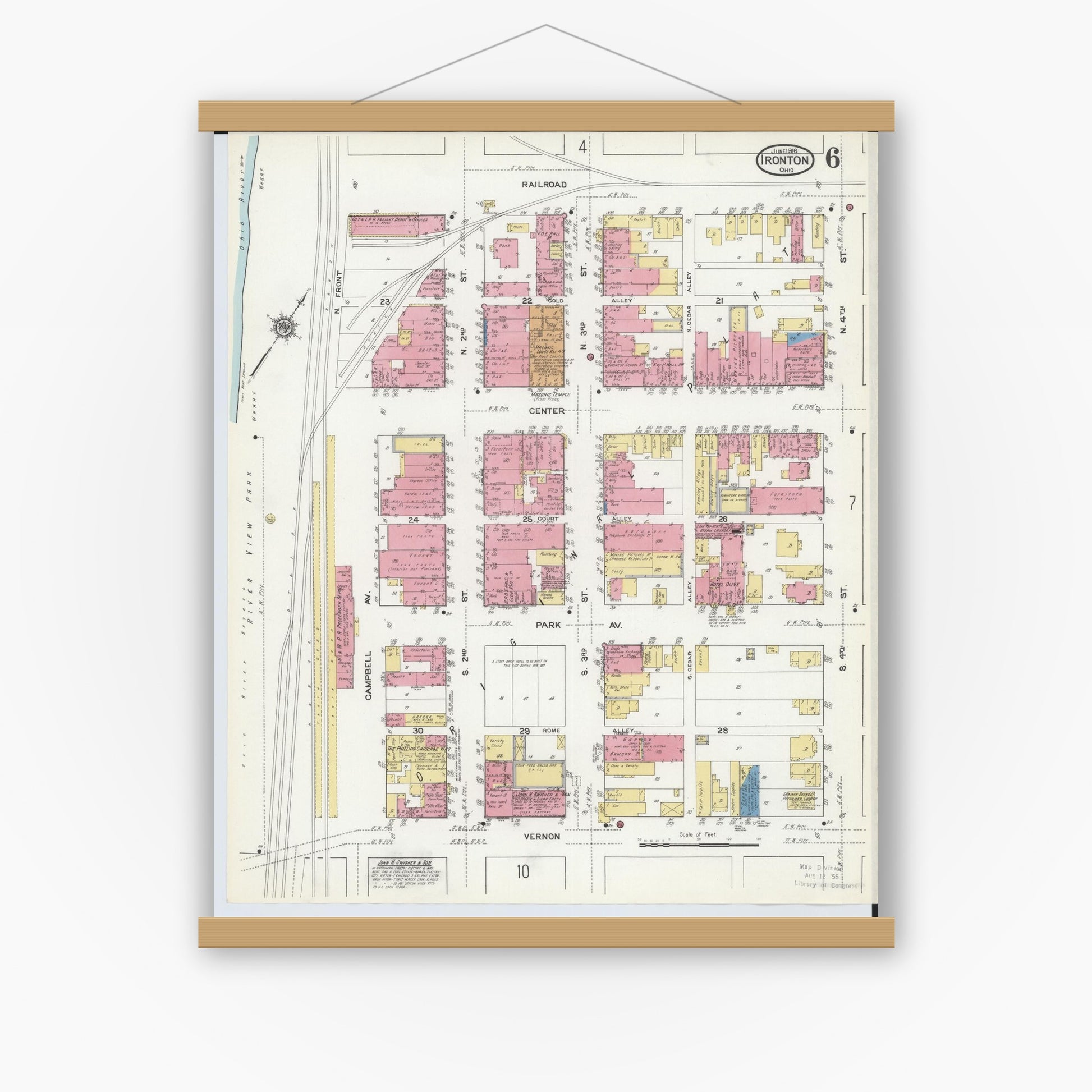 Old map wall art mockup — magnetic wood frame on white wall — Sanborn Fire Insurance Map from Ironton, Lawrence County, Ohio (1916), Sheet #0006