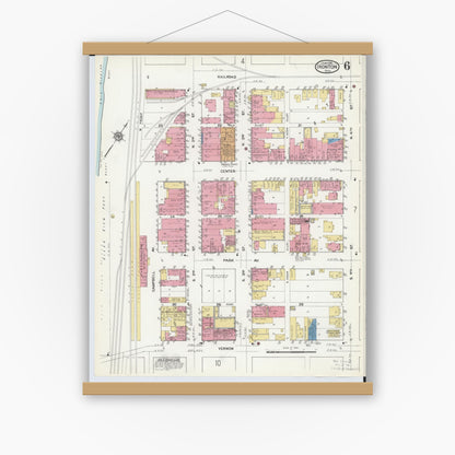 Old map wall art mockup — magnetic wood frame on white wall — Sanborn Fire Insurance Map from Ironton, Lawrence County, Ohio (1916), Sheet #0006