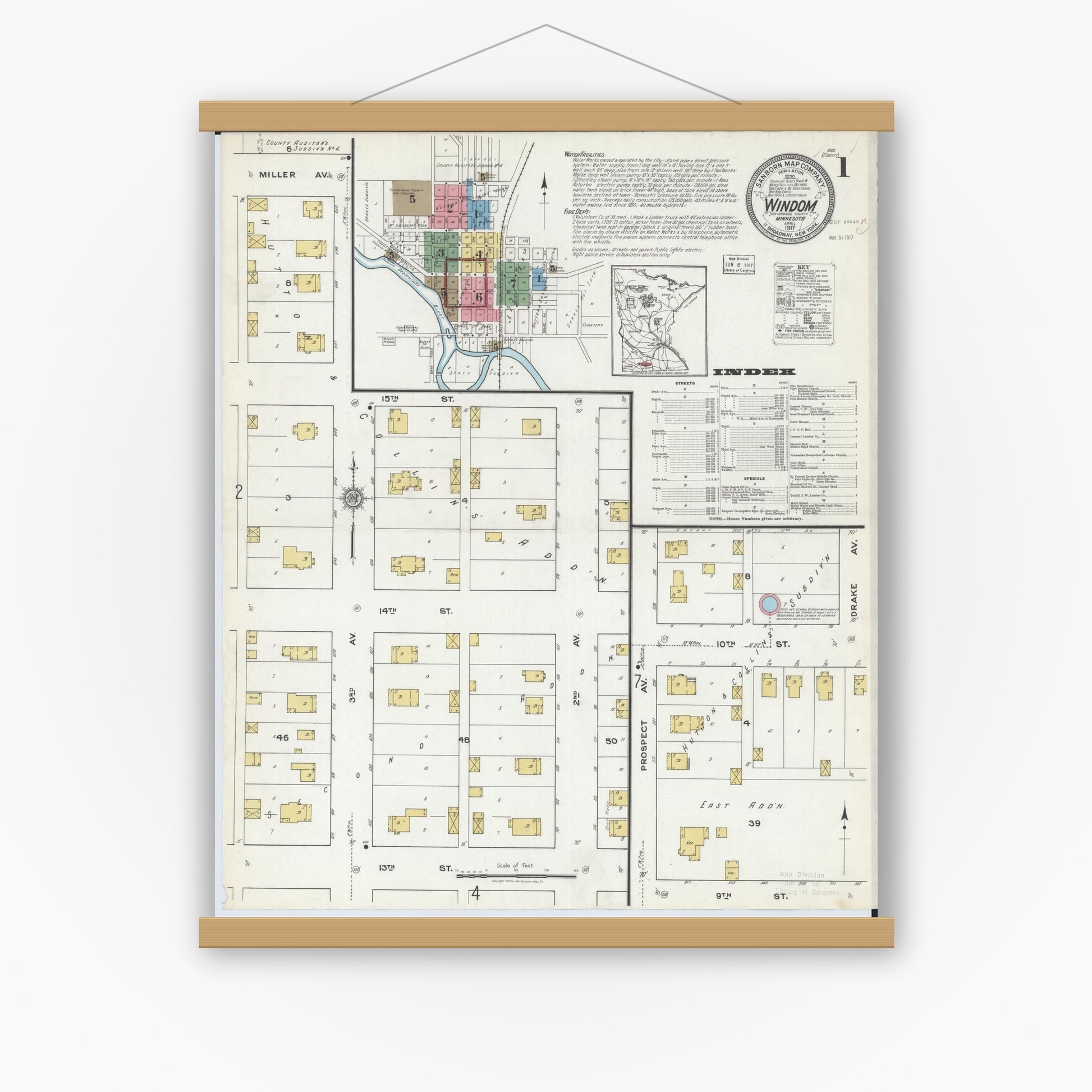 Old map wall art mockup — magnetic wood frame on white wall — Sanborn Fire Insurance Map from Windom, Cottonwood County, Minnesota (1917) - Complete Map Set