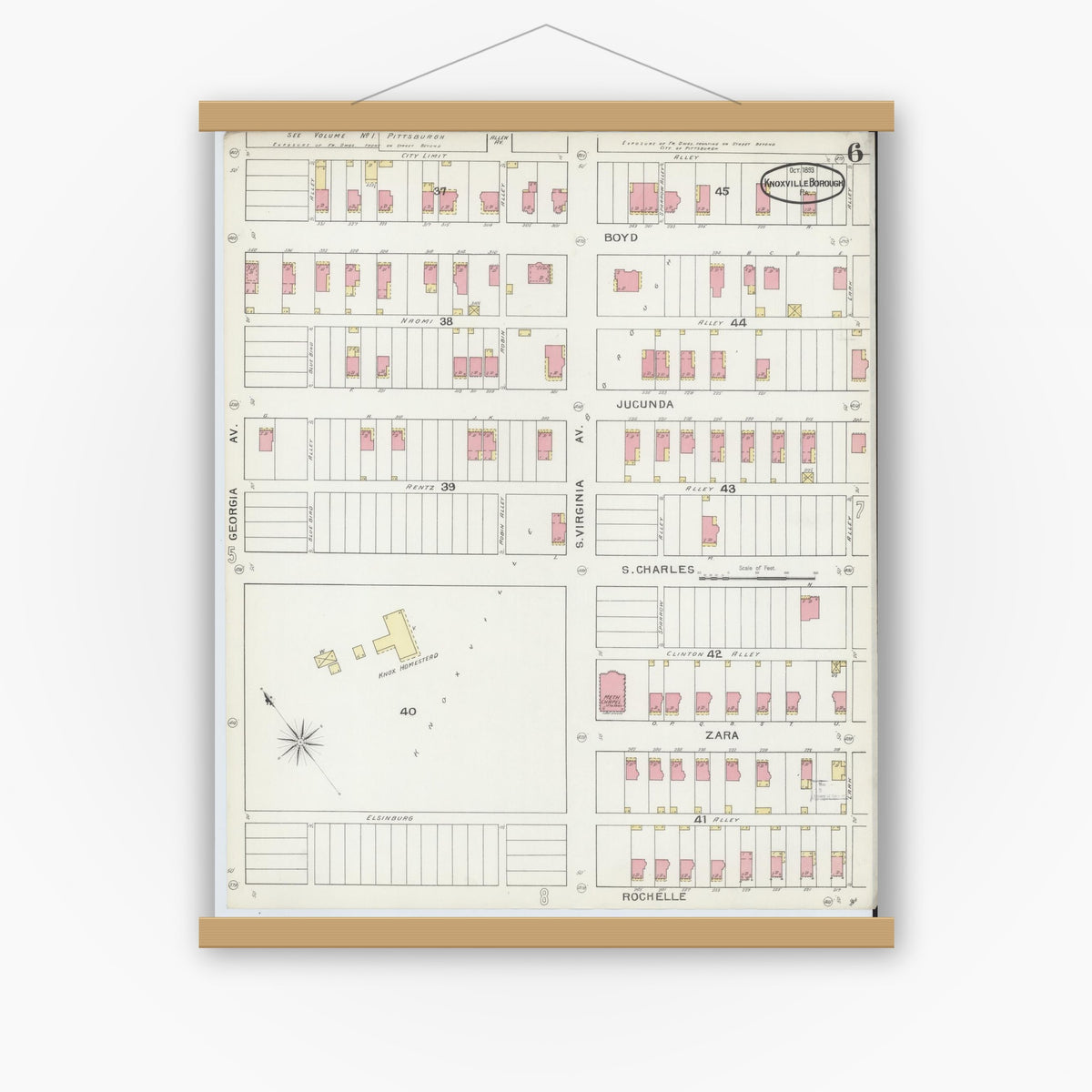 Old map wall art mockup — magnetic wood frame on white wall — Sanborn Fire Insurance Map from Knoxville Borough, Allegheny County, Pennsylvania (1893), Sheet #0006