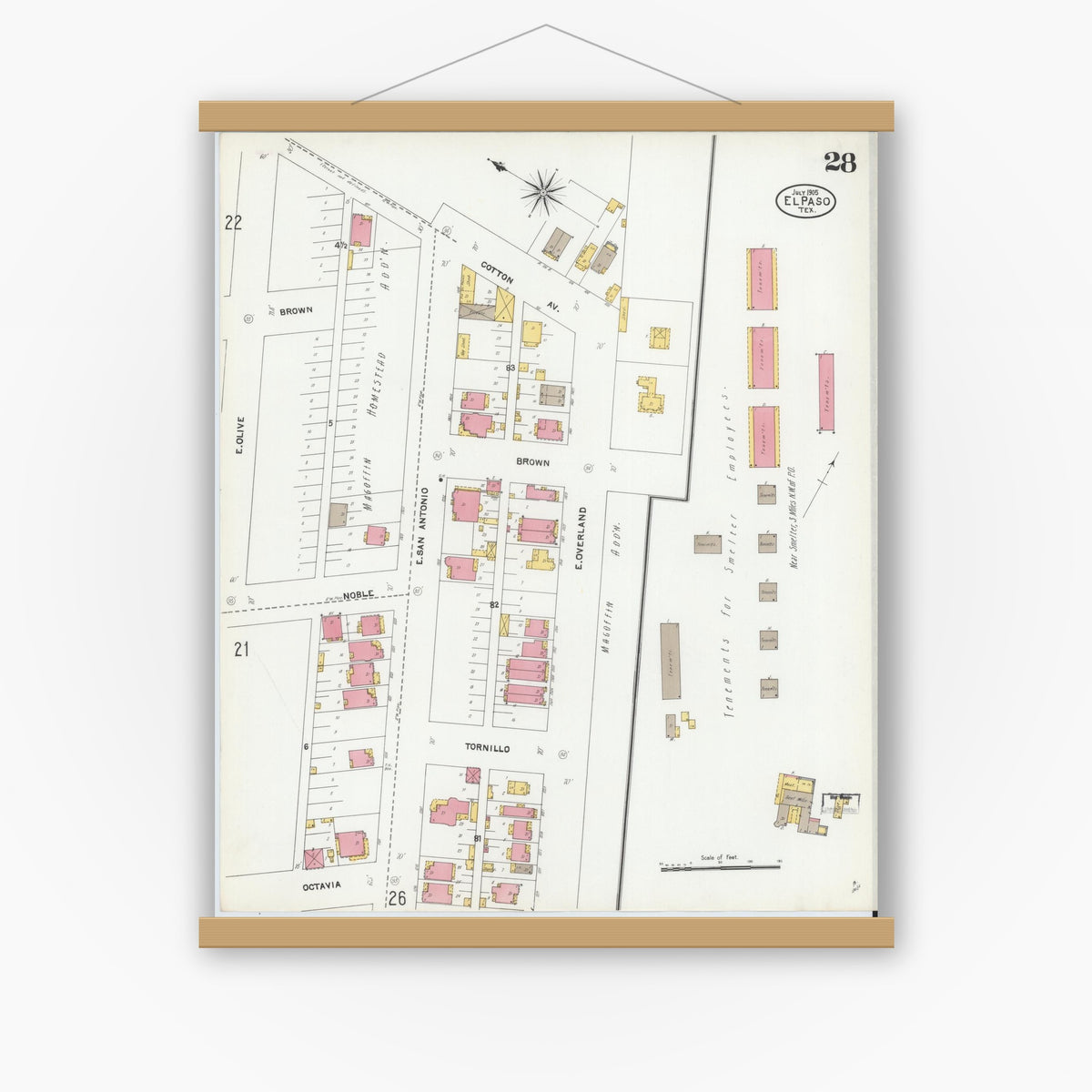 Old map wall art mockup — magnetic wood frame on white wall — Sanborn Fire Insurance Map from El Paso, El Paso County, Texas (1905), Sheet #0028