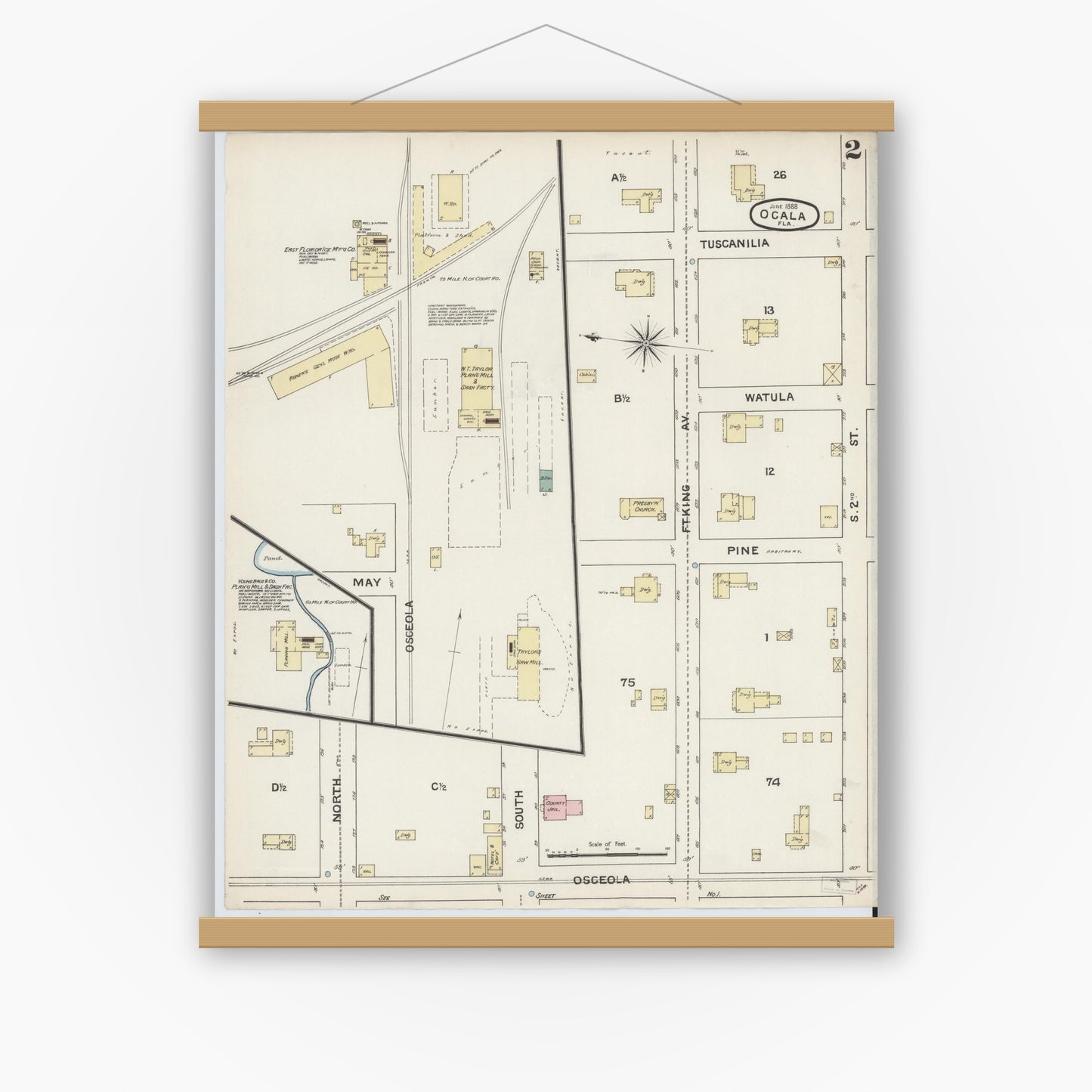 Old map wall art mockup — magnetic wood frame on white wall — Sanborn Fire Insurance Map from Ocala, Marion County, Florida (1888), Sheet #0002
