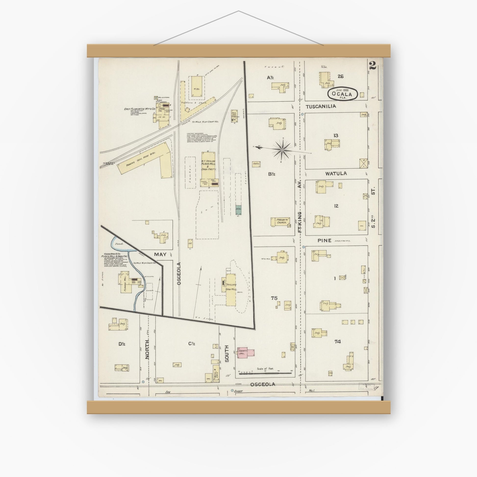 Old map wall art mockup — magnetic wood frame on white wall — Sanborn Fire Insurance Map from Ocala, Marion County, Florida (1888), Sheet #0002