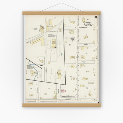 Old map wall art mockup — magnetic wood frame on white wall — Sanborn Fire Insurance Map from Ocala, Marion County, Florida (1888), Sheet #0002