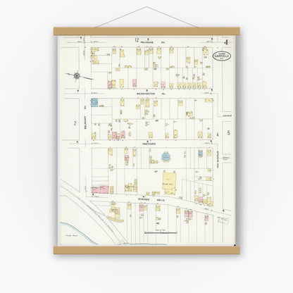 Old map wall art mockup — magnetic wood frame on white wall — Sanborn Fire Insurance Map from Garfield, Bergen County, New Jersey (1910), Sheet #0004