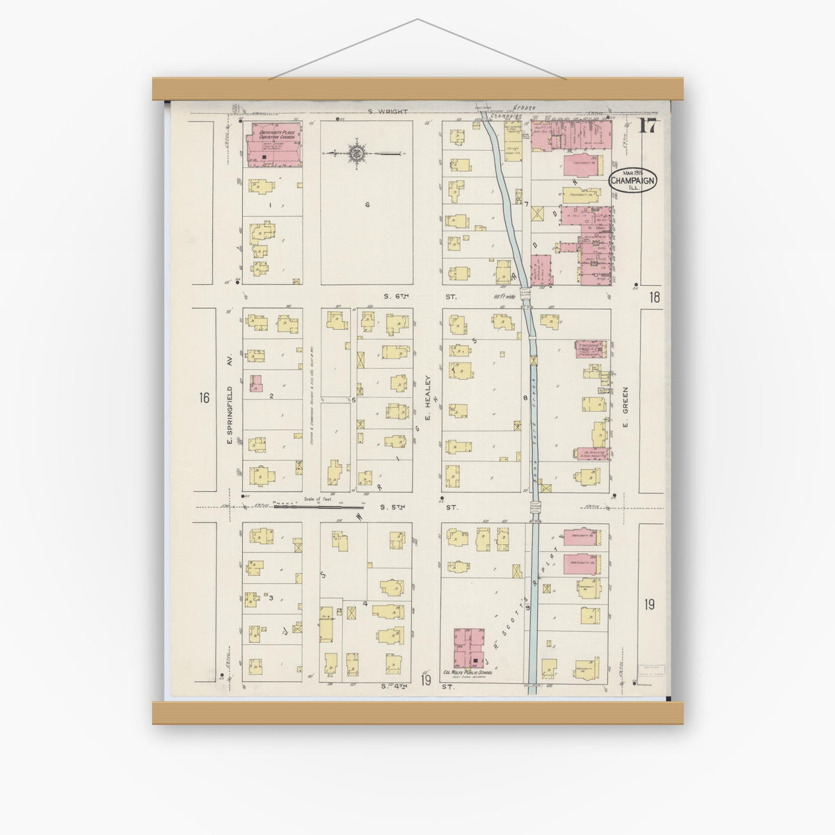 Old map wall art mockup — magnetic wood frame on white wall — Sanborn Fire Insurance Map from Champaign, Champaign County, Illinois (1915), Sheet #0017