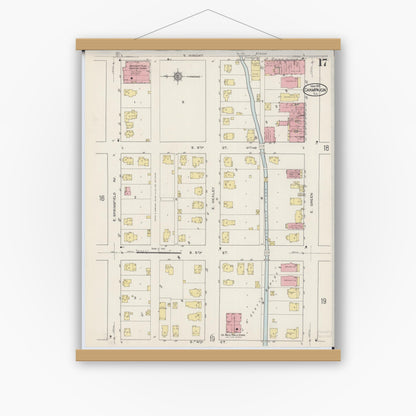 Old map wall art mockup — magnetic wood frame on white wall — Sanborn Fire Insurance Map from Champaign, Champaign County, Illinois (1915), Sheet #0017