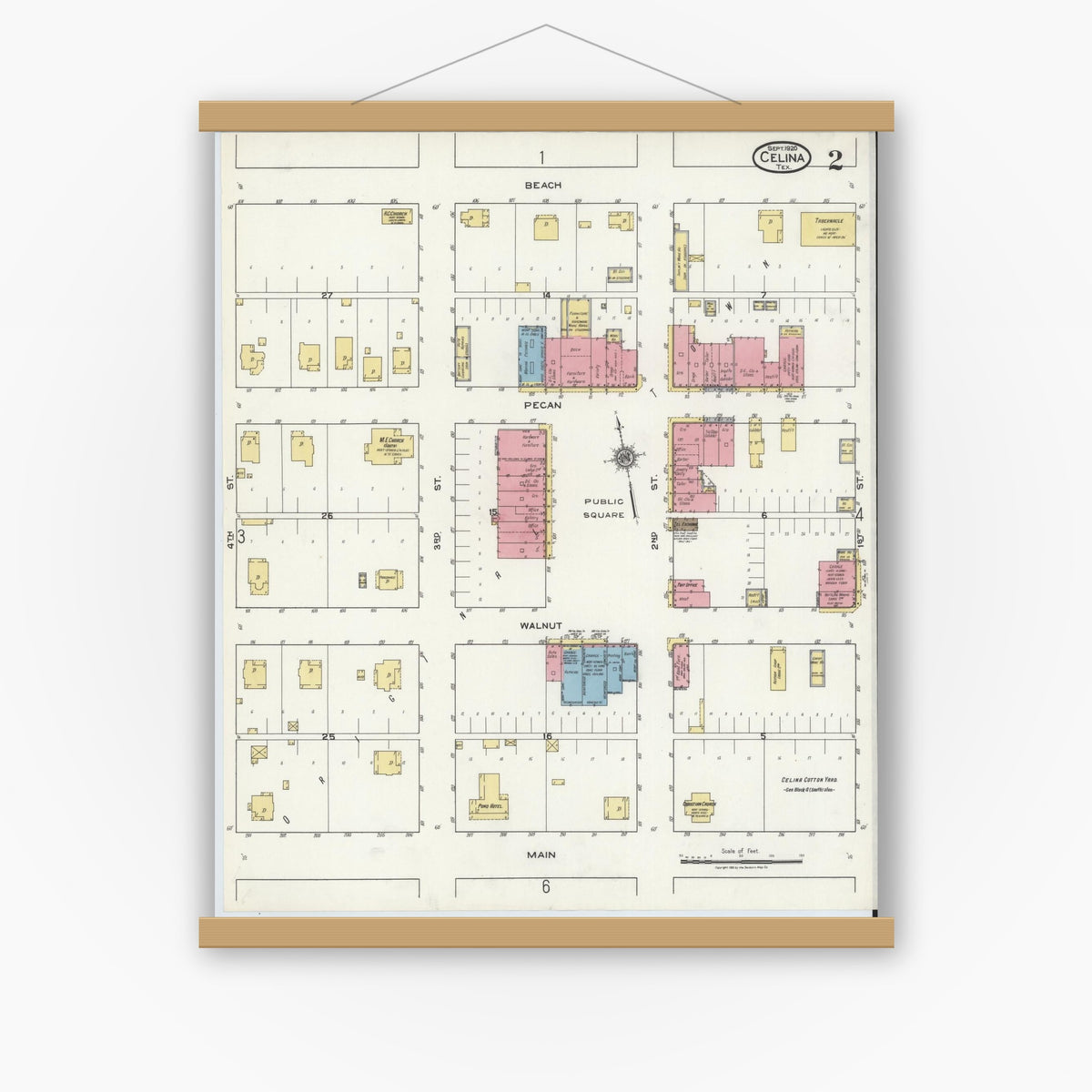 Old map wall art mockup — magnetic wood frame on white wall — Sanborn Fire Insurance Map from Celina, Collin County, Texas (1920), Sheet #0002