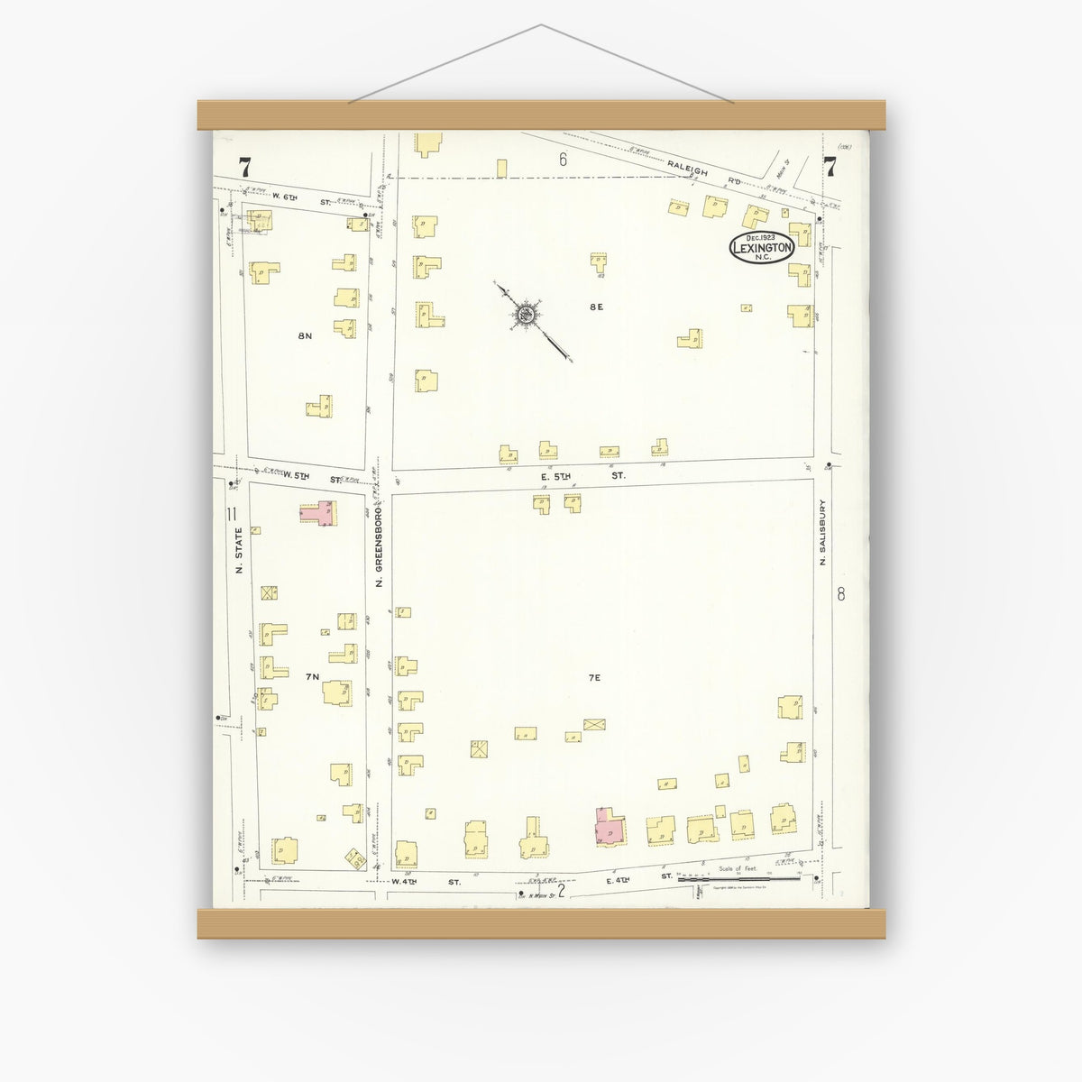Old map wall art mockup — magnetic wood frame on white wall — Sanborn Fire Insurance Map from Lexington, Davidson County, North Carolina (1923), Sheet #0007