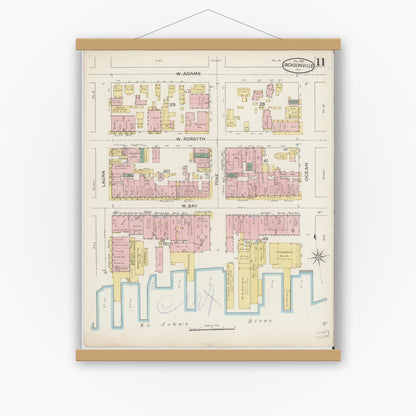 Old map wall art mockup — magnetic wood frame on white wall — Sanborn Fire Insurance Map from Jacksonville, Duval County, Florida (1887), Sheet #0011