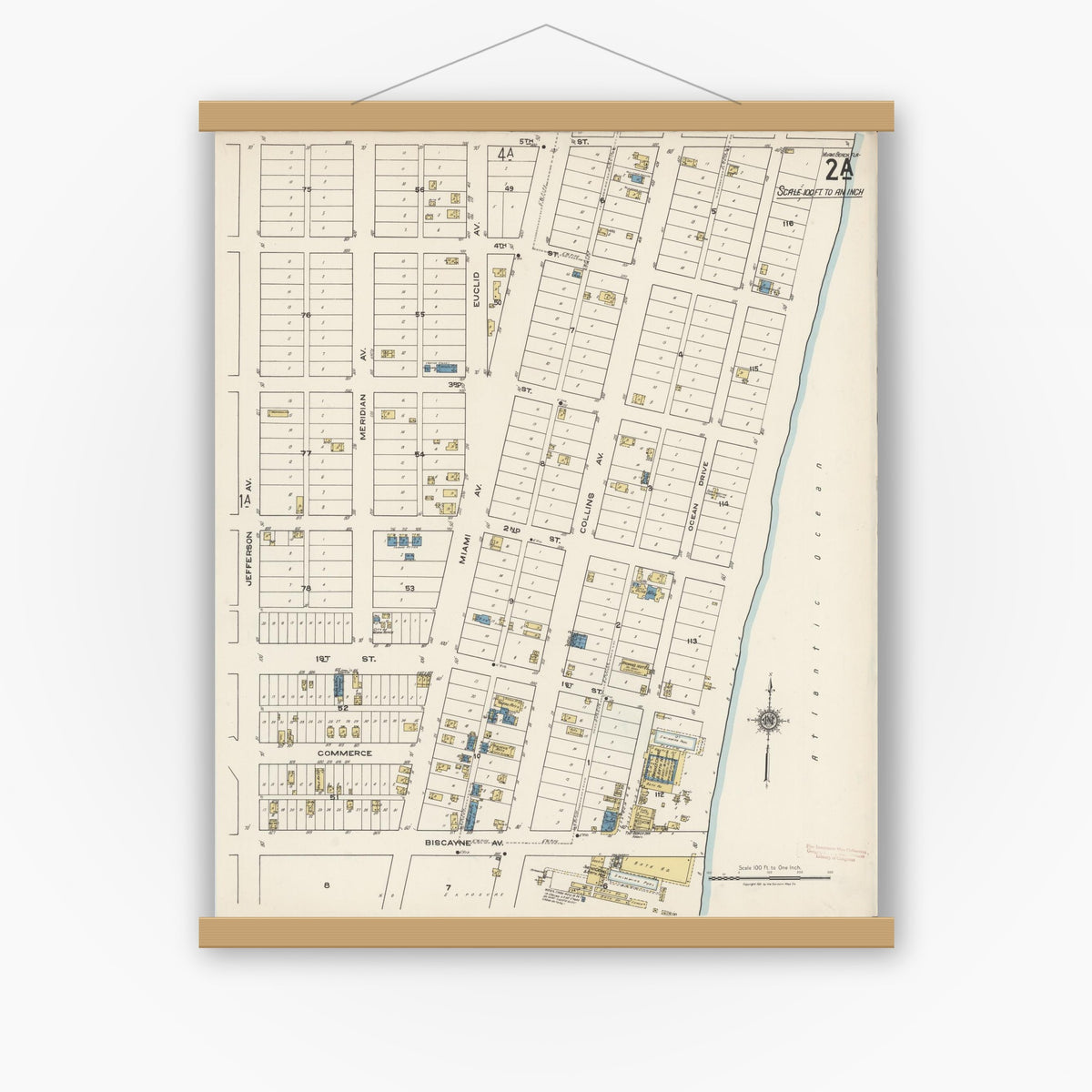 Old map wall art mockup — magnetic wood frame on white wall — Sanborn Fire Insurance Map from Miami Beach, Dade County, Florida (1921), Sheet #0002