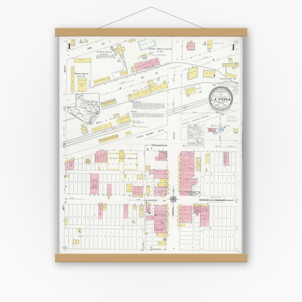Old map wall art mockup — magnetic wood frame on white wall — Sanborn Fire Insurance Map from La Feria, Cameron County, Texas (1929) - Complete Map Set