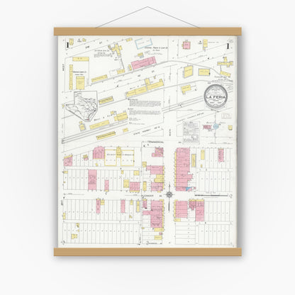 Old map wall art mockup — magnetic wood frame on white wall — Sanborn Fire Insurance Map from La Feria, Cameron County, Texas (1929) - Complete Map Set