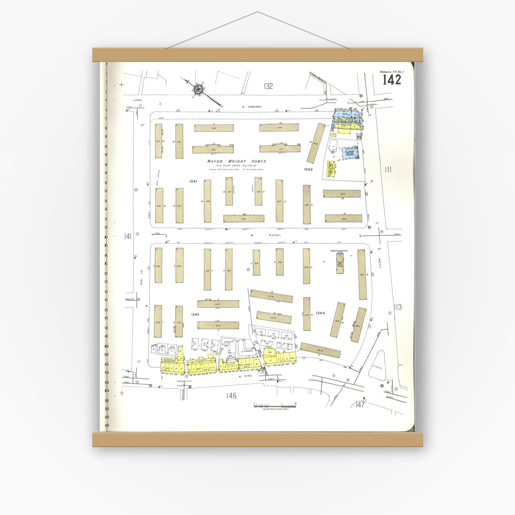 Old map wall art mockup — magnetic wood frame on white wall — Sanborn Fire Insurance Map from Honolulu, Oahu County, Hawaii (1955), Sheet #0142