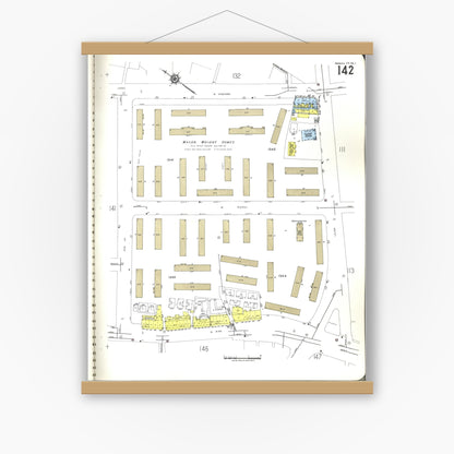 Old map wall art mockup — magnetic wood frame on white wall — Sanborn Fire Insurance Map from Honolulu, Oahu County, Hawaii (1955), Sheet #0142