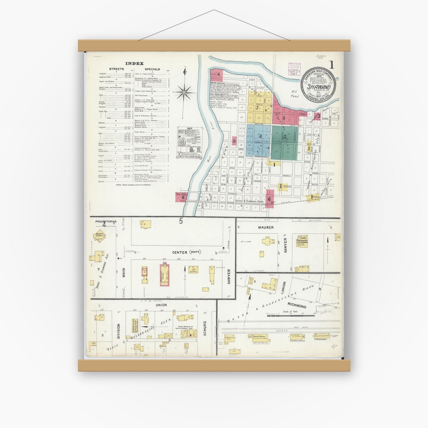 Old map wall art mockup — magnetic wood frame on white wall — Sanborn Fire Insurance Map from Shawano, Shawano County, Wisconsin (1907), Sheet #0001
