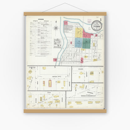 Old map wall art mockup — magnetic wood frame on white wall — Sanborn Fire Insurance Map from Shawano, Shawano County, Wisconsin (1907), Sheet #0001