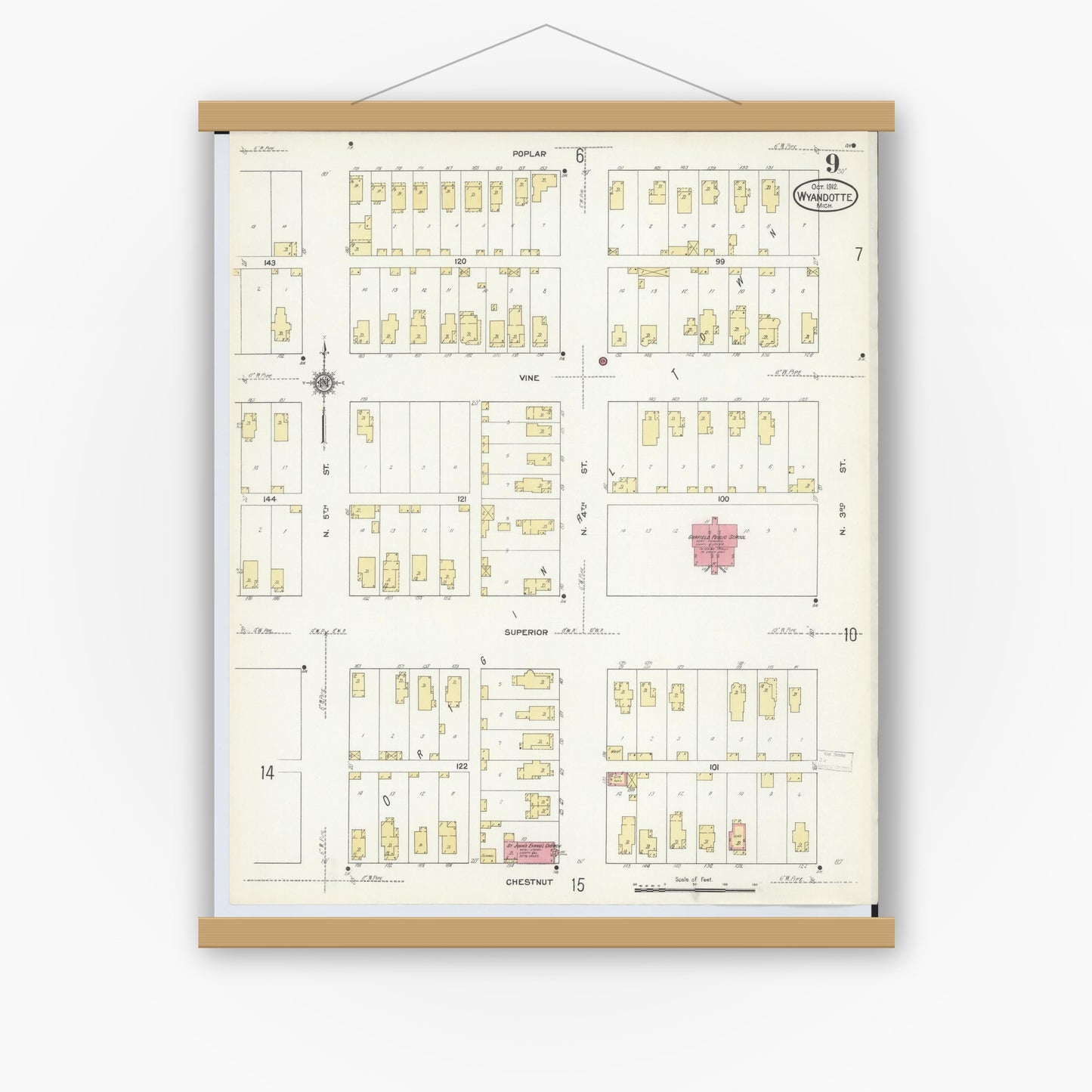 Old map wall art mockup — magnetic wood frame on white wall — Sanborn Fire Insurance Map from Wyandotte, Wayne County, Michigan (1912), Sheet #0009