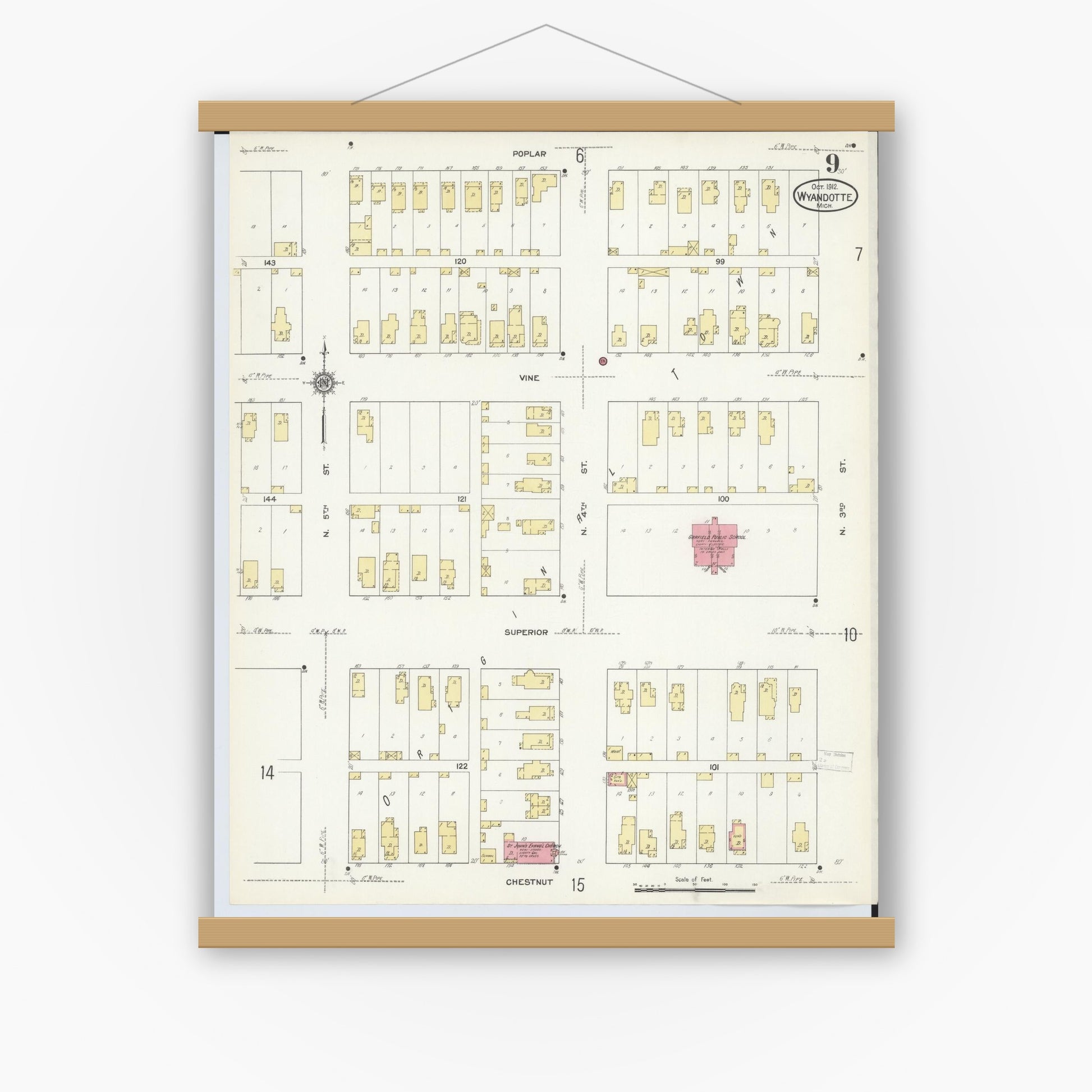 Old map wall art mockup — magnetic wood frame on white wall — Sanborn Fire Insurance Map from Wyandotte, Wayne County, Michigan (1912), Sheet #0009