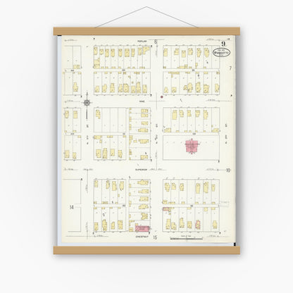 Old map wall art mockup — magnetic wood frame on white wall — Sanborn Fire Insurance Map from Wyandotte, Wayne County, Michigan (1912), Sheet #0009