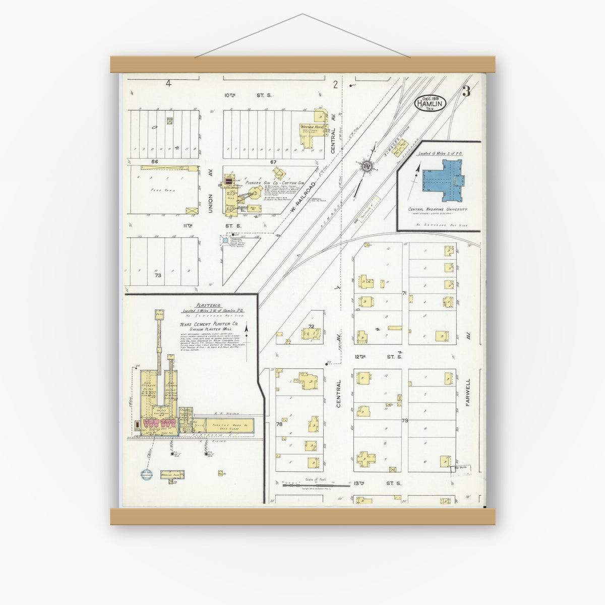 Old map wall art mockup — magnetic wood frame on white wall — Sanborn Fire Insurance Map from Hamlin, Jones County, Texas (1919), Sheet #0003