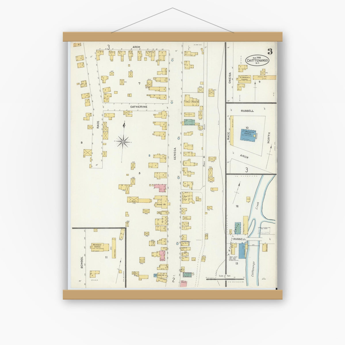 Old map wall art mockup — magnetic wood frame on white wall — Sanborn Fire Insurance Map from Chittenango, Madison County, New York (1906), Sheet #0003