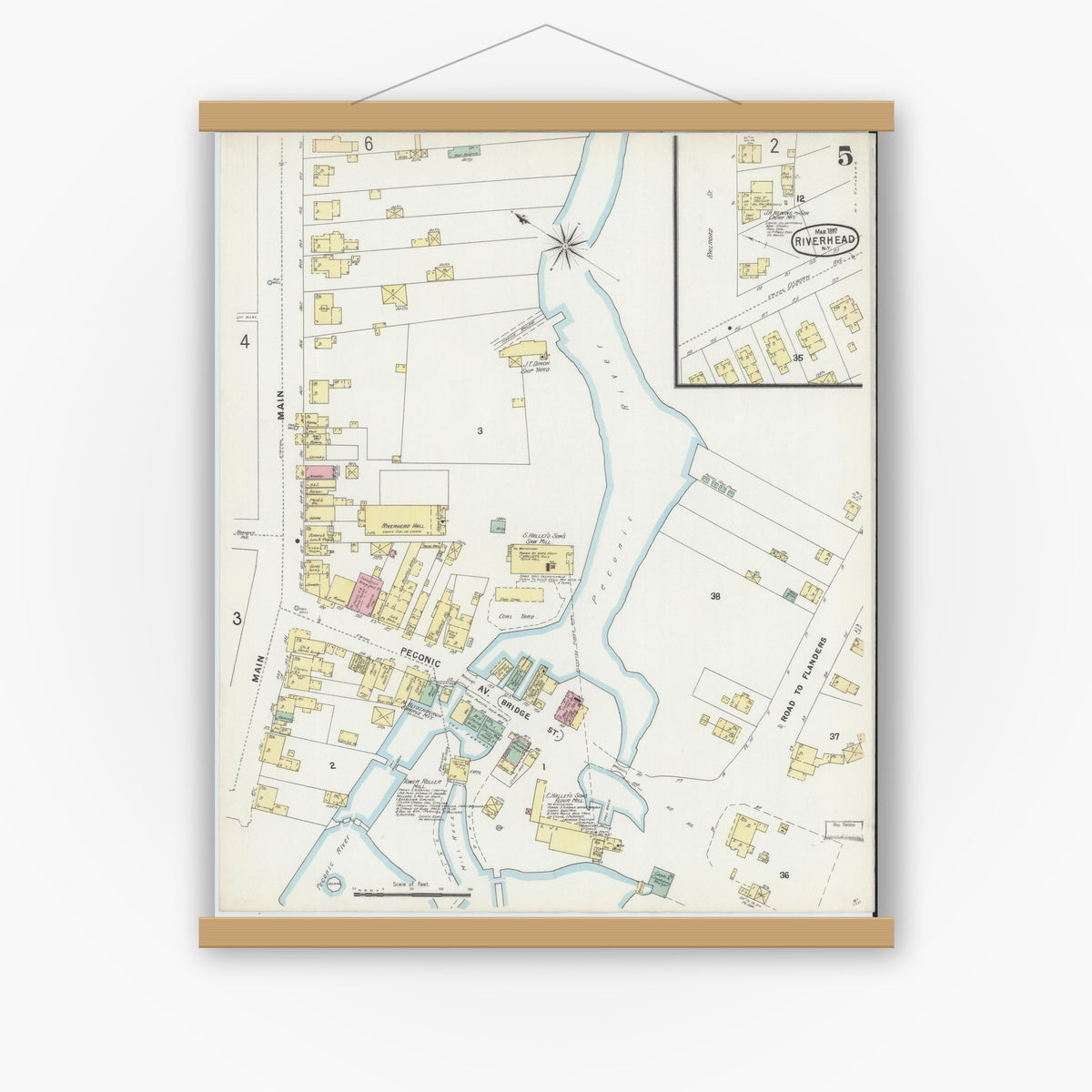 Old map wall art mockup — magnetic wood frame on white wall — Sanborn Fire Insurance Map from Riverhead, Suffolk County, New York (1897), Sheet #0005