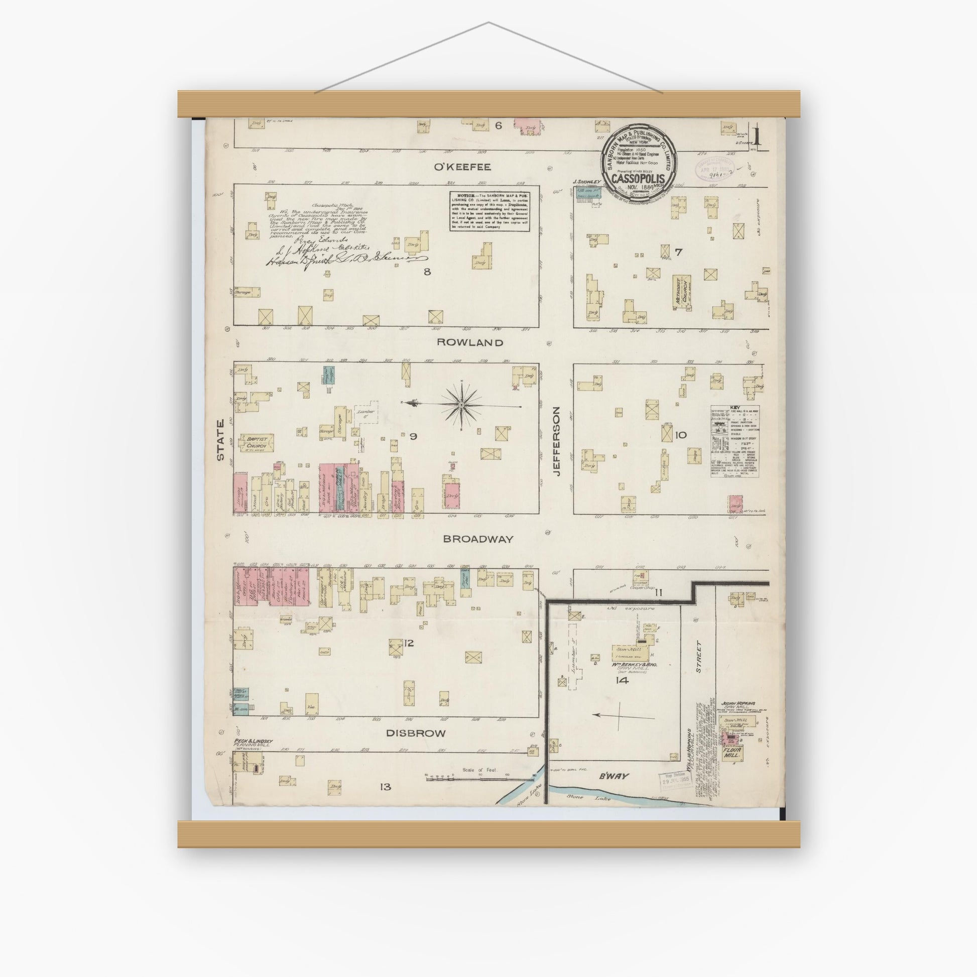 Old map wall art mockup — magnetic wood frame on white wall — Sanborn Fire Insurance Map from Cassopolis, Cass County, Michigan (1884) - Complete Map Set