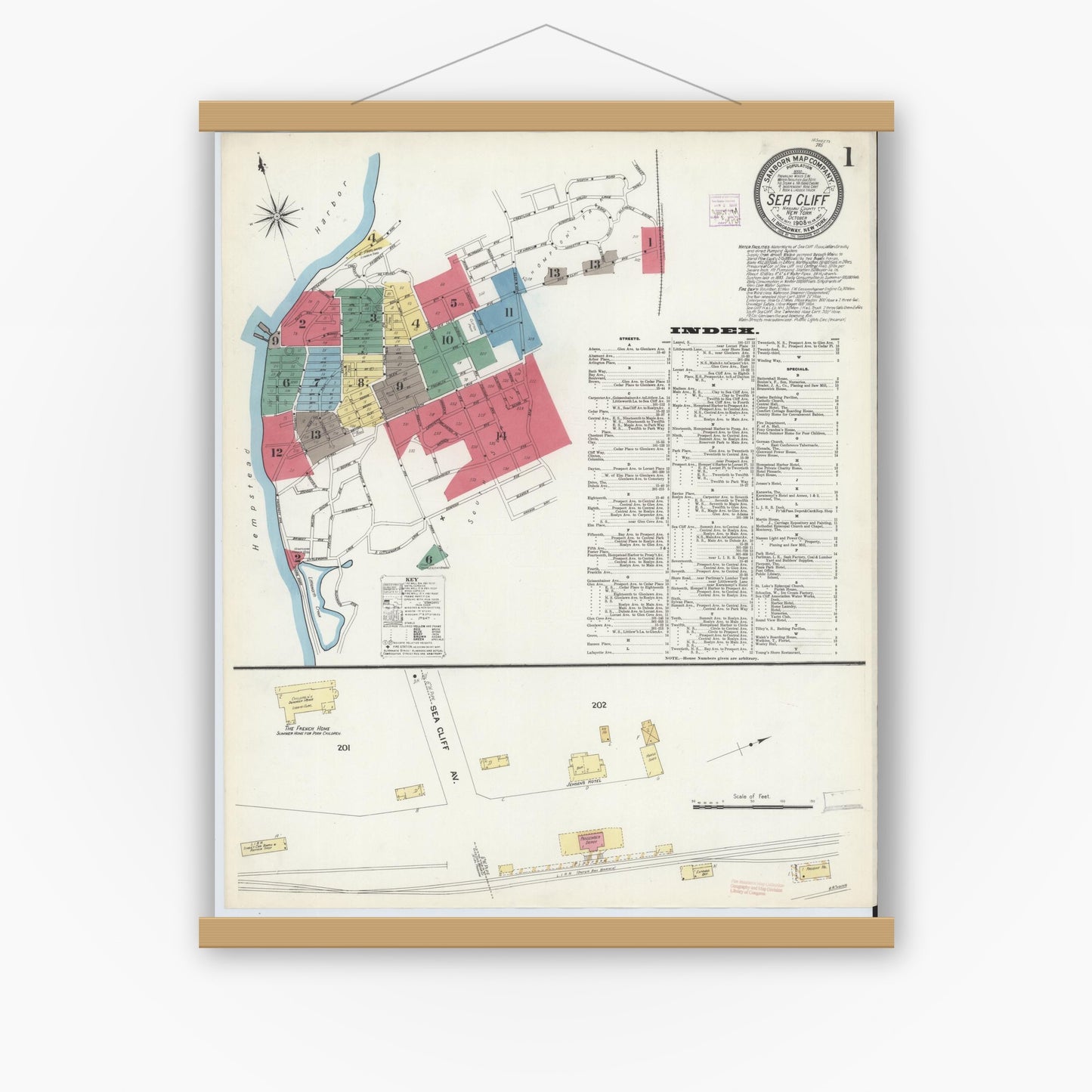 Old map wall art mockup — magnetic wood frame on white wall — Sanborn Fire Insurance Map from Sea Cliff, Nassau County, New York (1908) - Complete Map Set