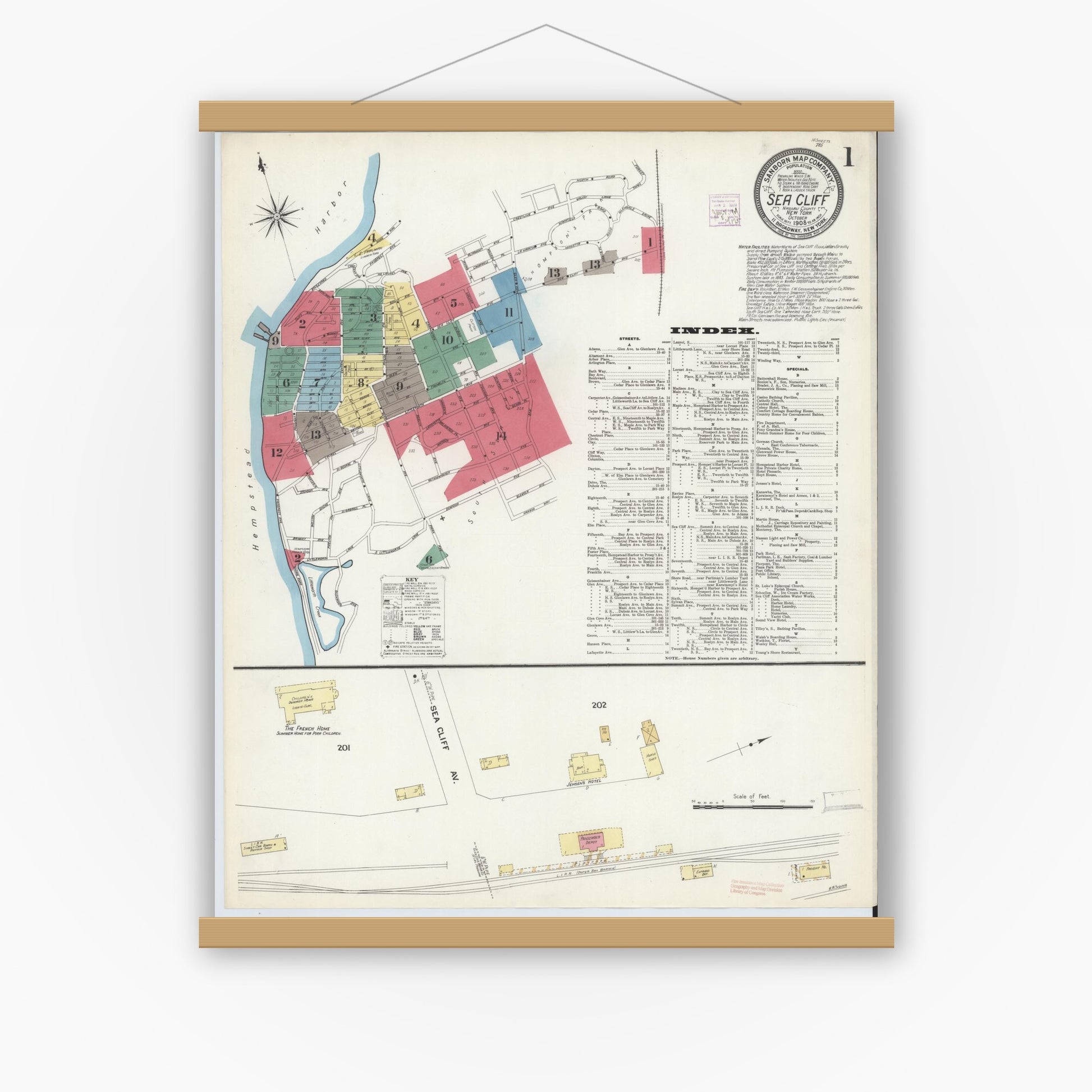 Old map wall art mockup — magnetic wood frame on white wall — Sanborn Fire Insurance Map from Sea Cliff, Nassau County, New York (1908) - Complete Map Set