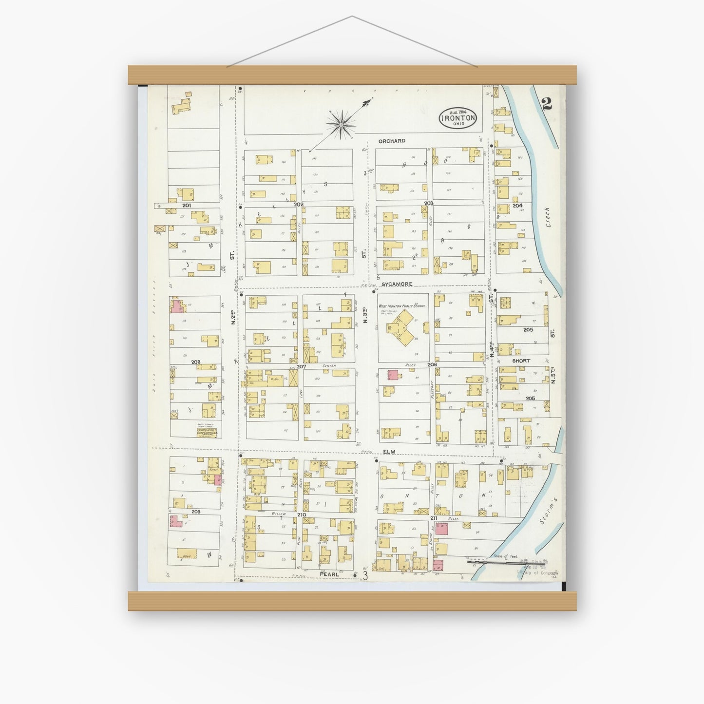 Old map wall art mockup — magnetic wood frame on white wall — Sanborn Fire Insurance Map from Ironton, Lawrence County, Ohio (1904), Sheet #0002