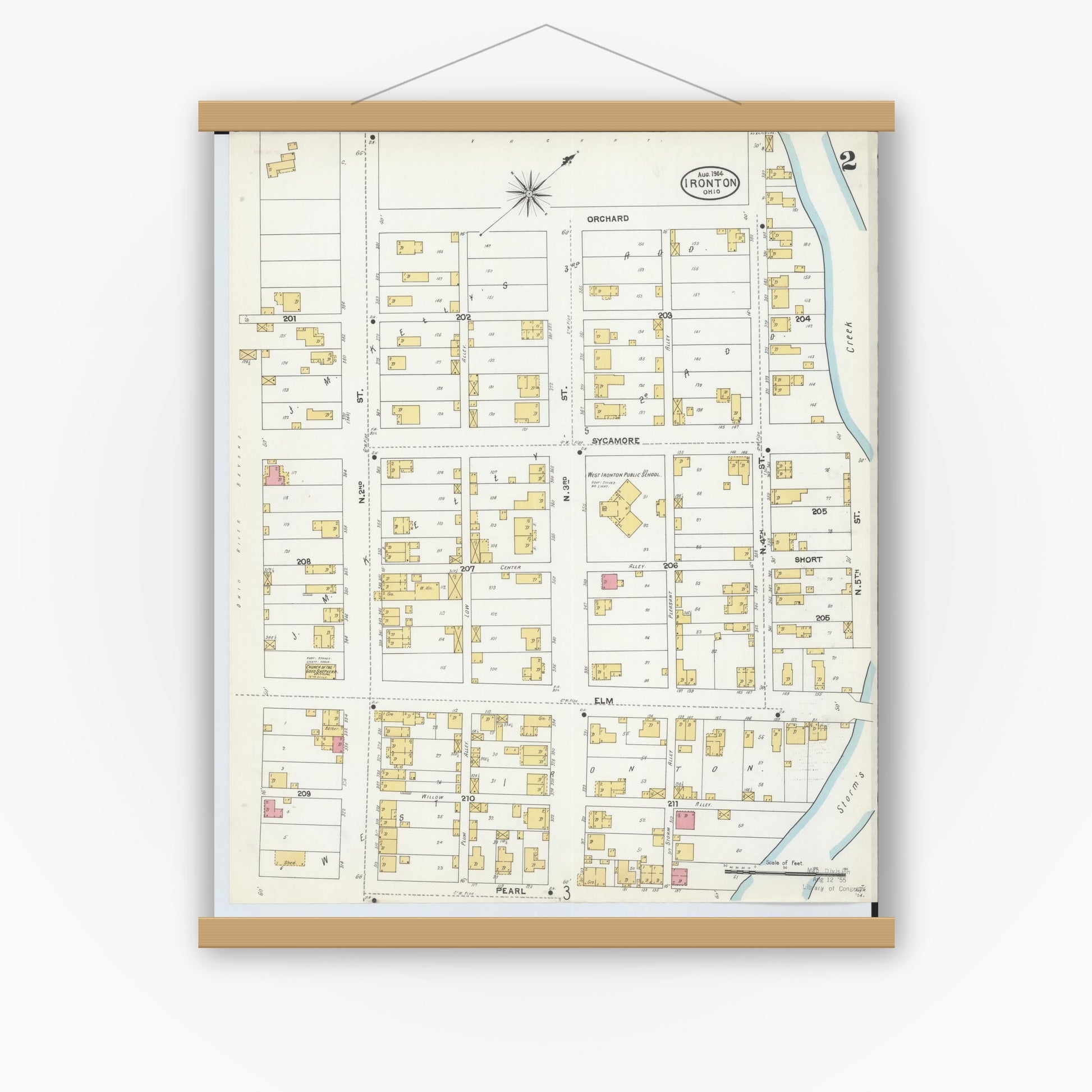 Old map wall art mockup — magnetic wood frame on white wall — Sanborn Fire Insurance Map from Ironton, Lawrence County, Ohio (1904), Sheet #0002