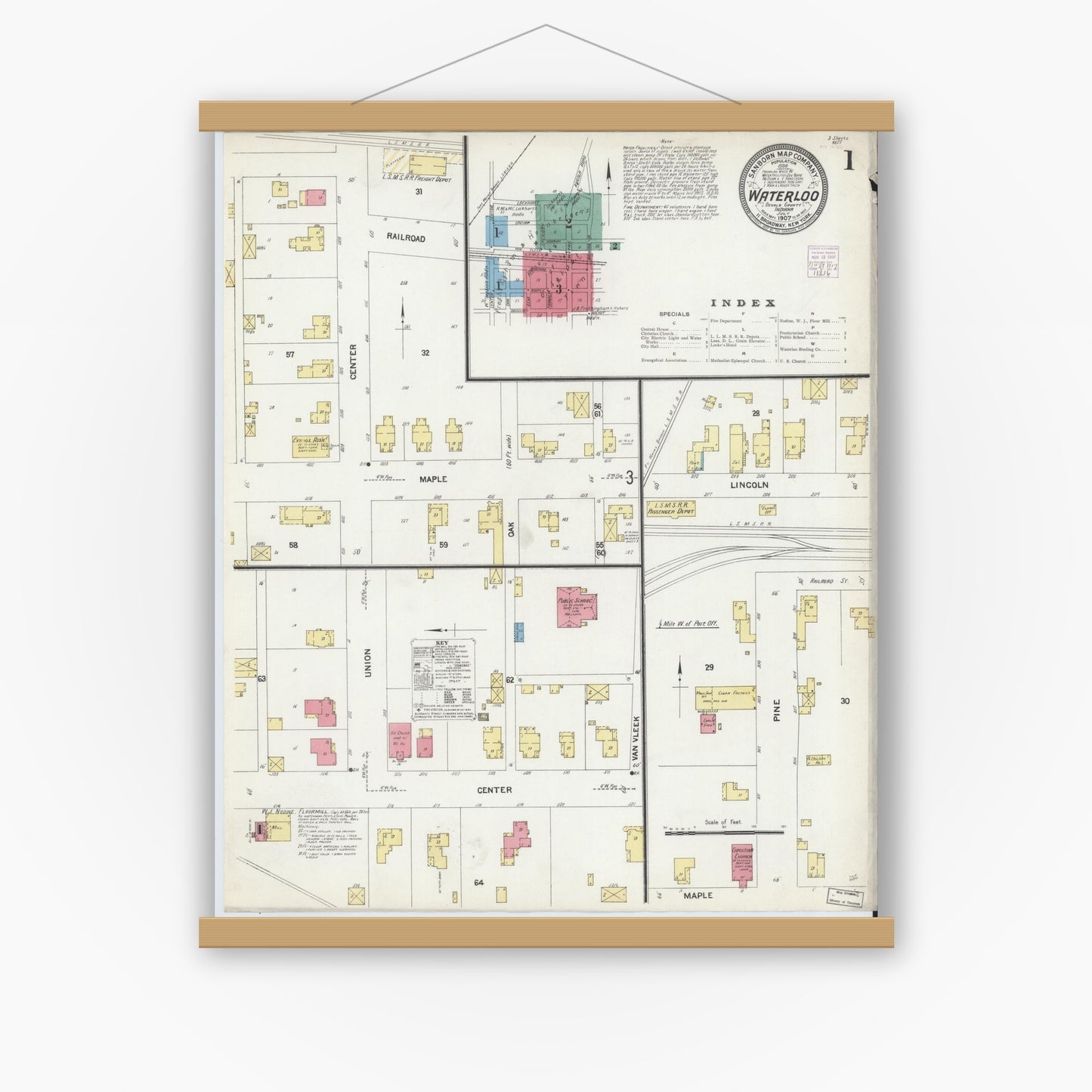 Old map wall art mockup — magnetic wood frame on white wall — Sanborn Fire Insurance Map from Waterloo, De Kalb County, Indiana (1907) - Complete Map Set