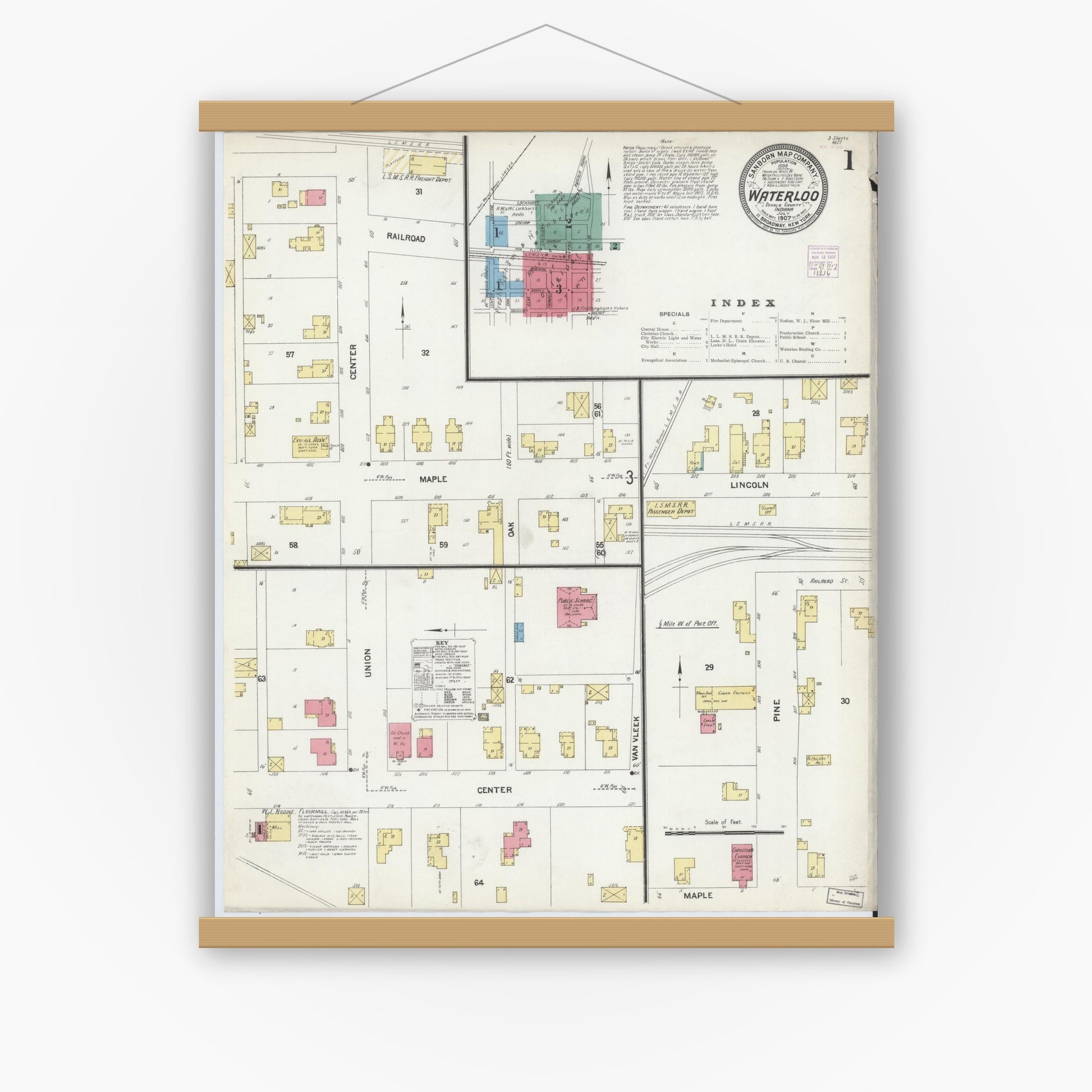 Old map wall art mockup — magnetic wood frame on white wall — Sanborn Fire Insurance Map from Waterloo, De Kalb County, Indiana (1907) - Complete Map Set