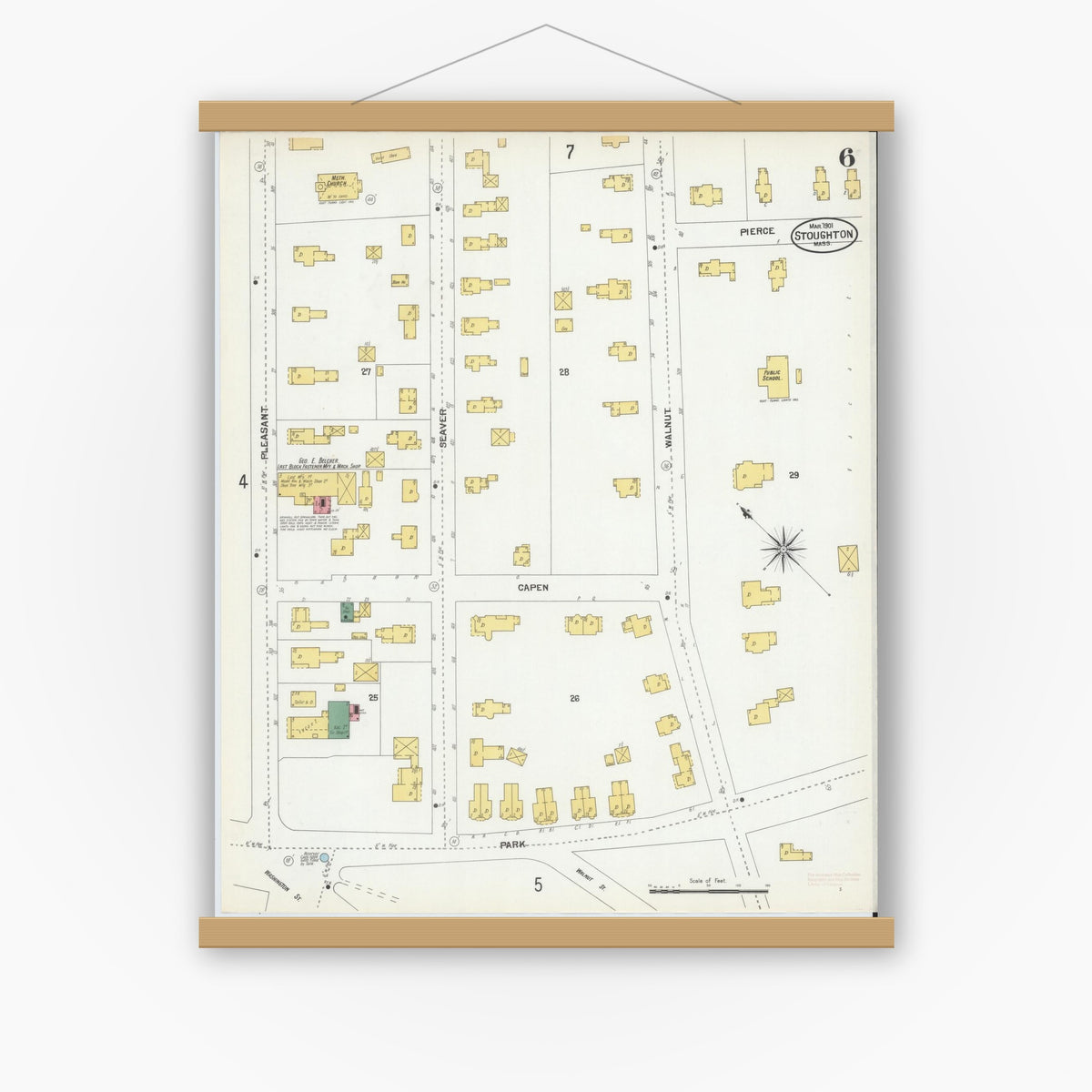 Old map wall art mockup — magnetic wood frame on white wall — Sanborn Fire Insurance Map from Stoughton, Norfolk County, Massachusetts (1901), Sheet #0006