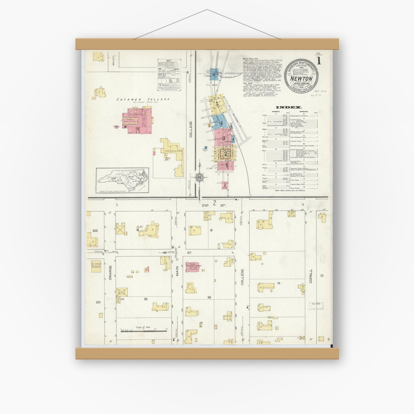 Old map wall art mockup — magnetic wood frame on white wall — Sanborn Fire Insurance Map from Newton, Catawba County, North Carolina (1913), Sheet #0001