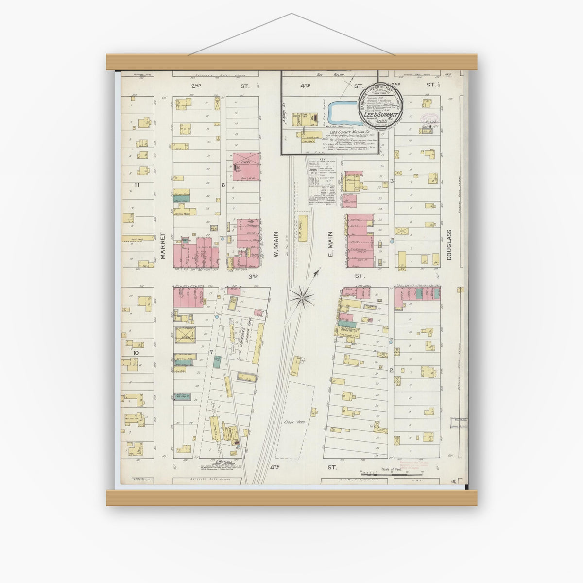 Old map wall art mockup — magnetic wood frame on white wall — Sanborn Fire Insurance Map from Lee's Summit, Jackson County, Missouri (1893), Sheet #0001