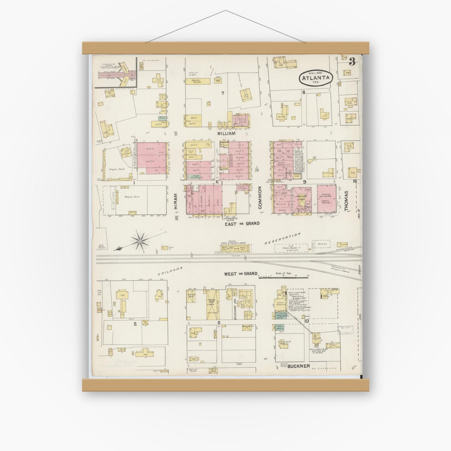 Old map wall art mockup — magnetic wood frame on white wall — Sanborn Fire Insurance Map from Atlanta, Cass County, Texas (1890), Sheet #0003