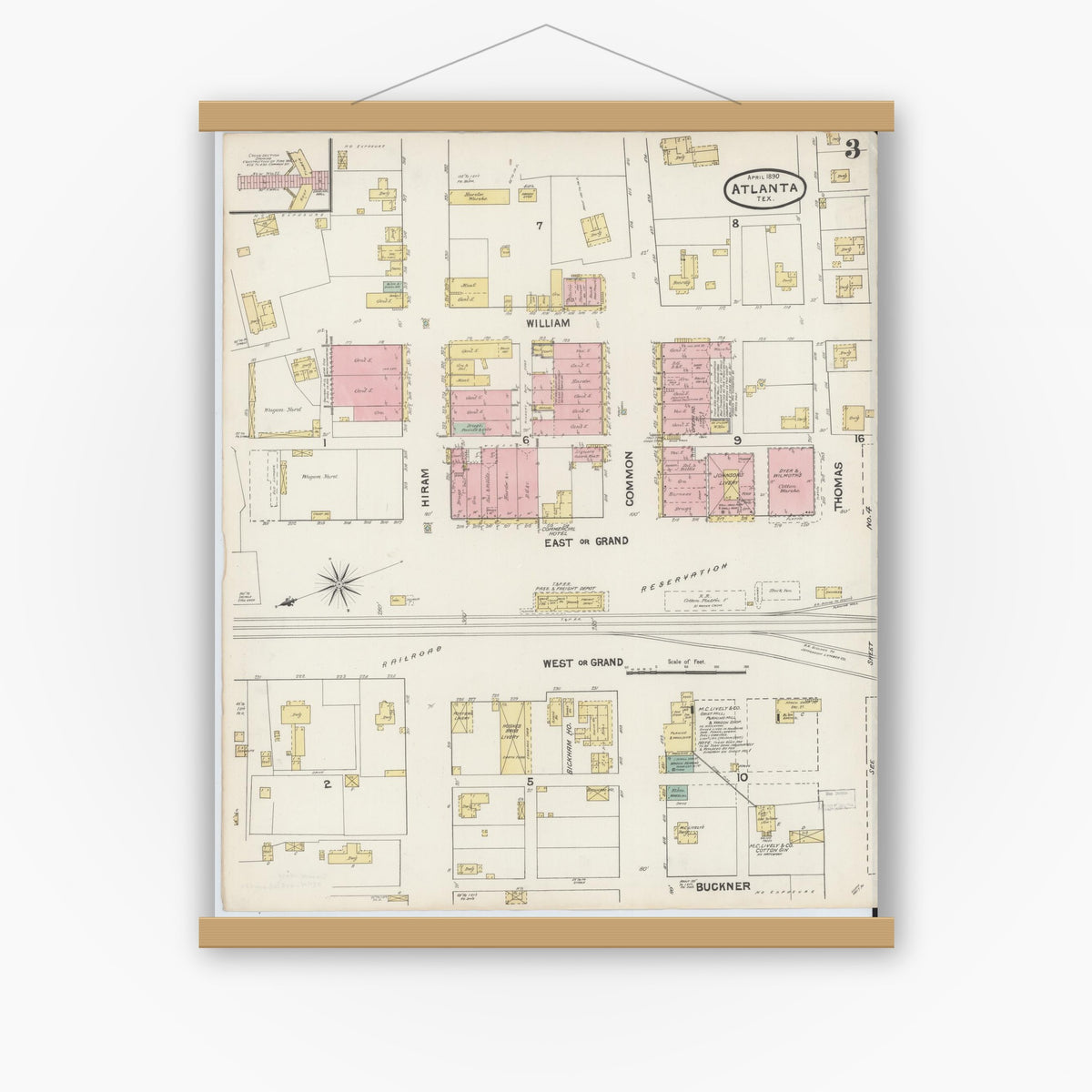 Old map wall art mockup — magnetic wood frame on white wall — Sanborn Fire Insurance Map from Atlanta, Cass County, Texas (1890), Sheet #0003