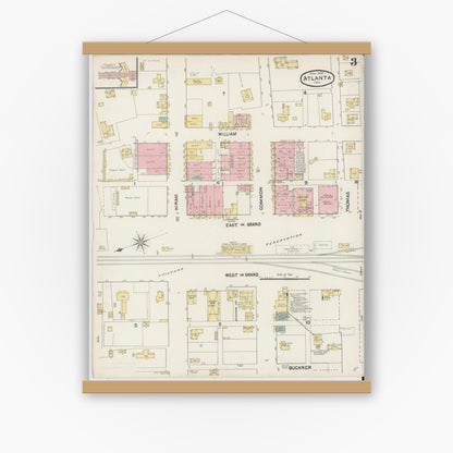 Old map wall art mockup — magnetic wood frame on white wall — Sanborn Fire Insurance Map from Atlanta, Cass County, Texas (1890), Sheet #0003