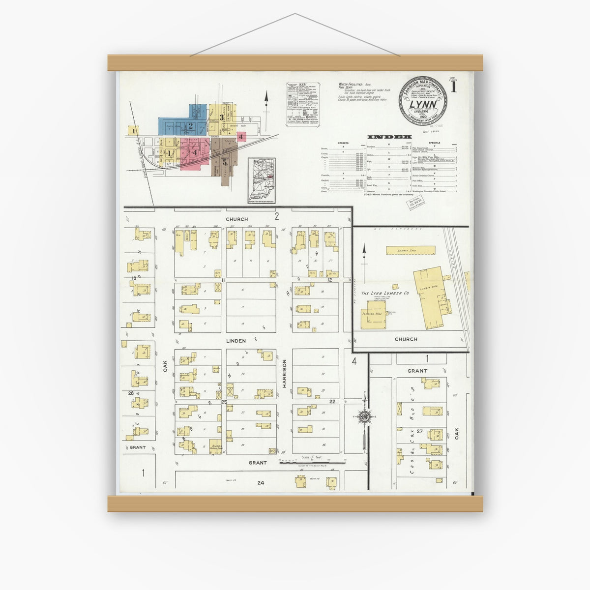 Old map wall art mockup — magnetic wood frame on white wall — Sanborn Fire Insurance Map from Lynn, Randolph County, Indiana (1920) - Complete Map Set