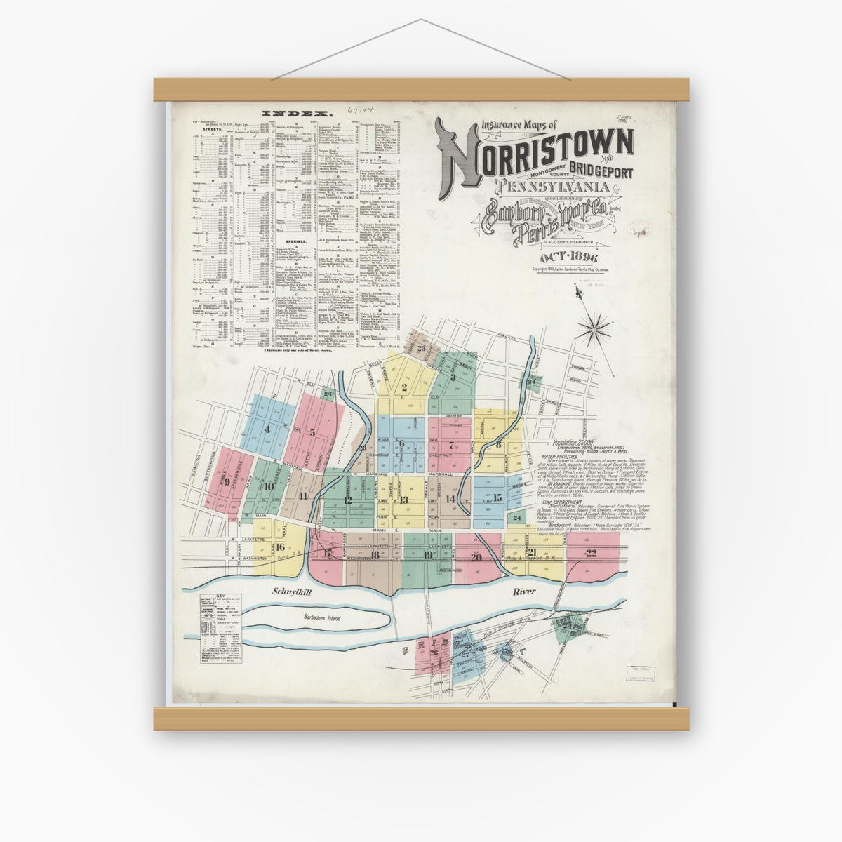 Old map wall art mockup — magnetic wood frame on white wall — Sanborn Fire Insurance Map from Norristown, Montgomery County, Pennsylvania (1896) - Complete Map Set