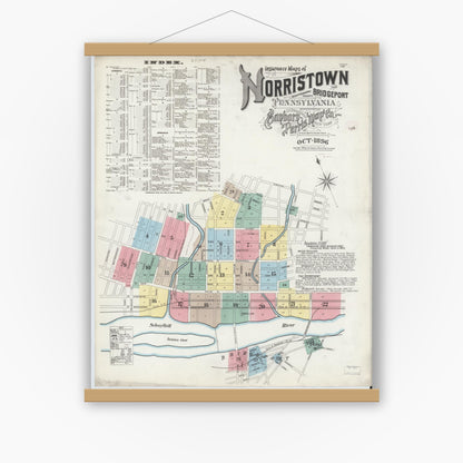 Old map wall art mockup — magnetic wood frame on white wall — Sanborn Fire Insurance Map from Norristown, Montgomery County, Pennsylvania (1896) - Complete Map Set
