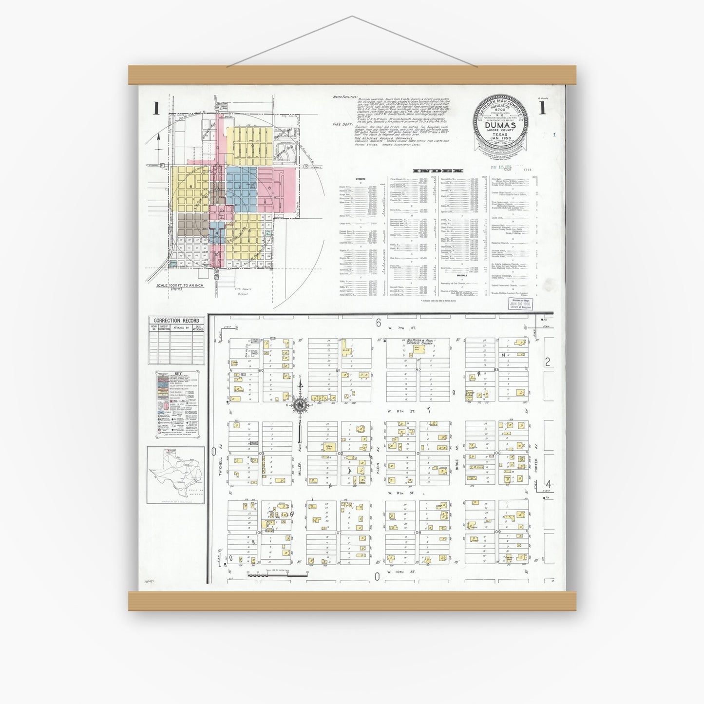 Old map wall art mockup — magnetic wood frame on white wall — Sanborn Fire Insurance Map from Dumas, Moore County, Texas (1950) - Complete Map Set