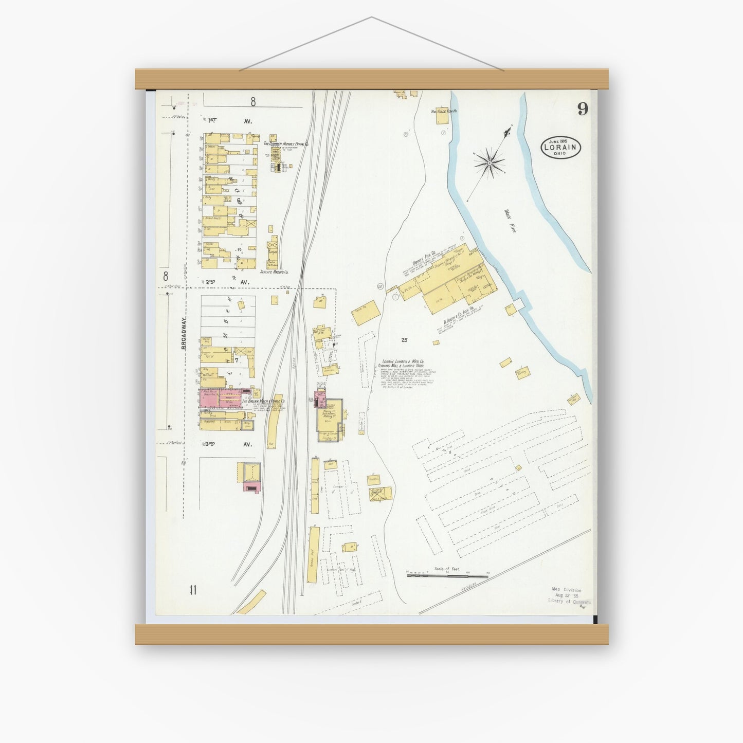 Old map wall art mockup — magnetic wood frame on white wall — Sanborn Fire Insurance Map from Lorain, Lorain County, Ohio (1905), Sheet #0009