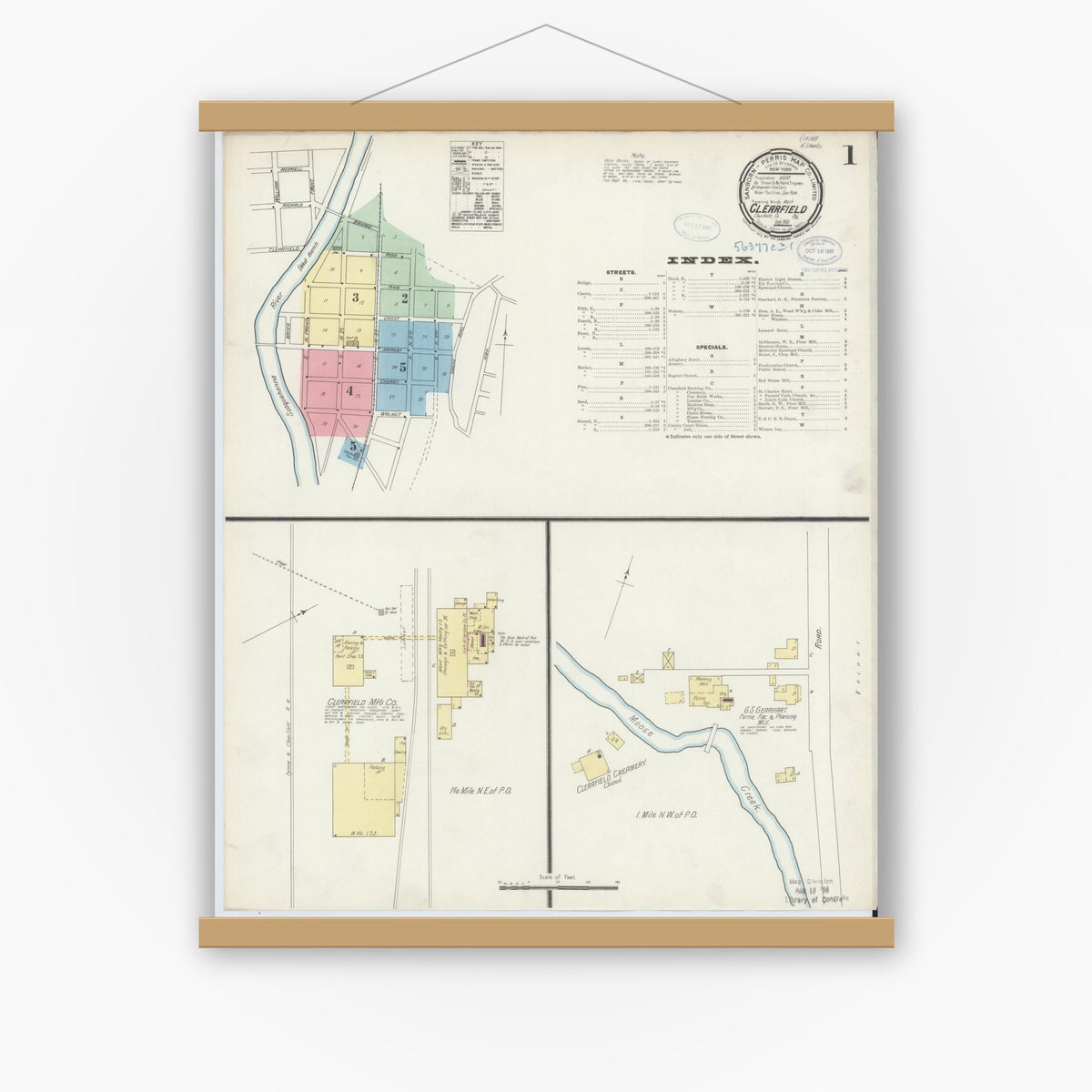 Old map wall art mockup — magnetic wood frame on white wall — Sanborn Fire Insurance Map from Clearfield, Clearfield County, Pennsylvania (1897), Sheet #0001