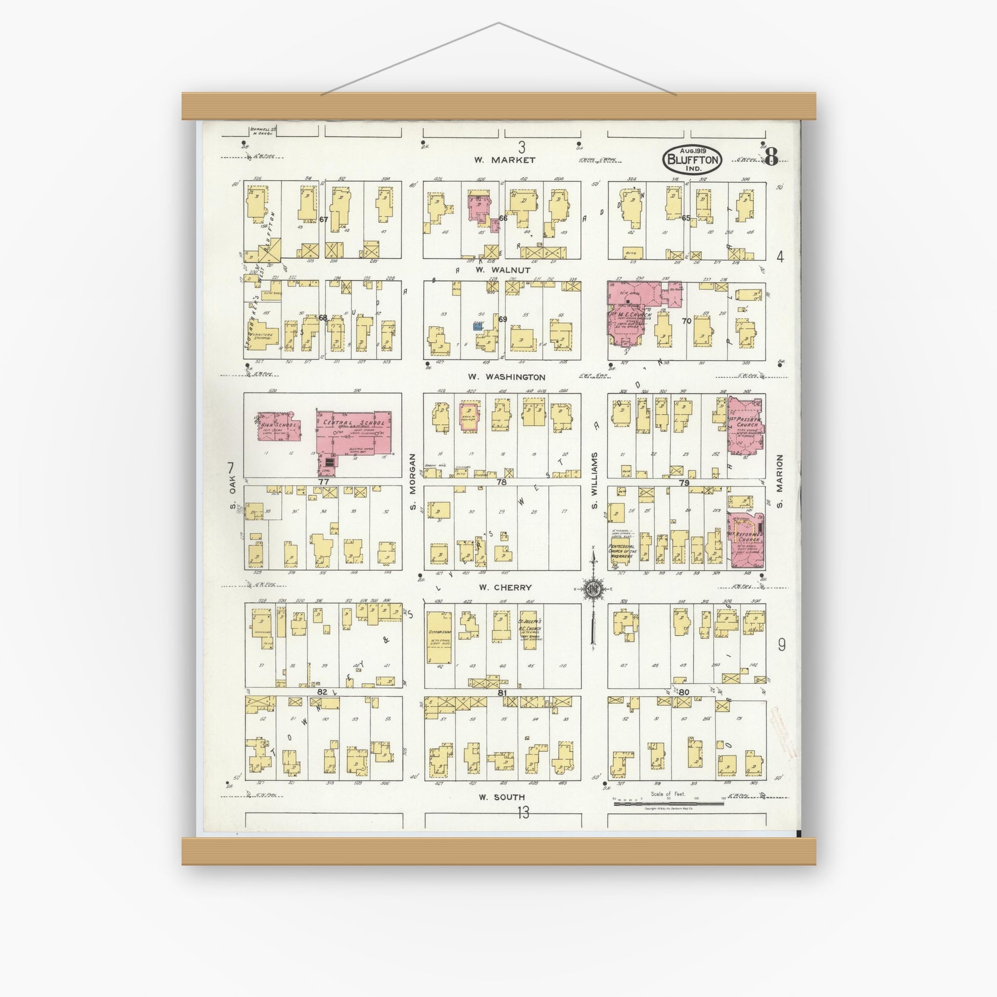 Old map wall art mockup — magnetic wood frame on white wall — Sanborn Fire Insurance Map from Bluffton, Wells County, Indiana (1919), Sheet #0008