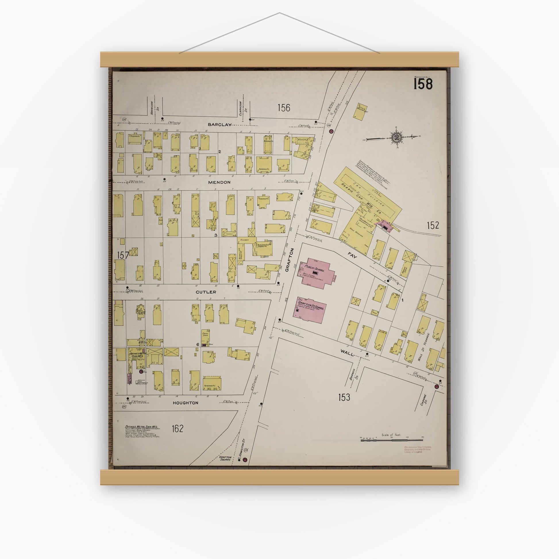 Old map wall art mockup — magnetic wood frame on white wall — Sanborn Fire Insurance Map from Worcester, Worcester County, Massachusetts (1910), Sheet #0158
